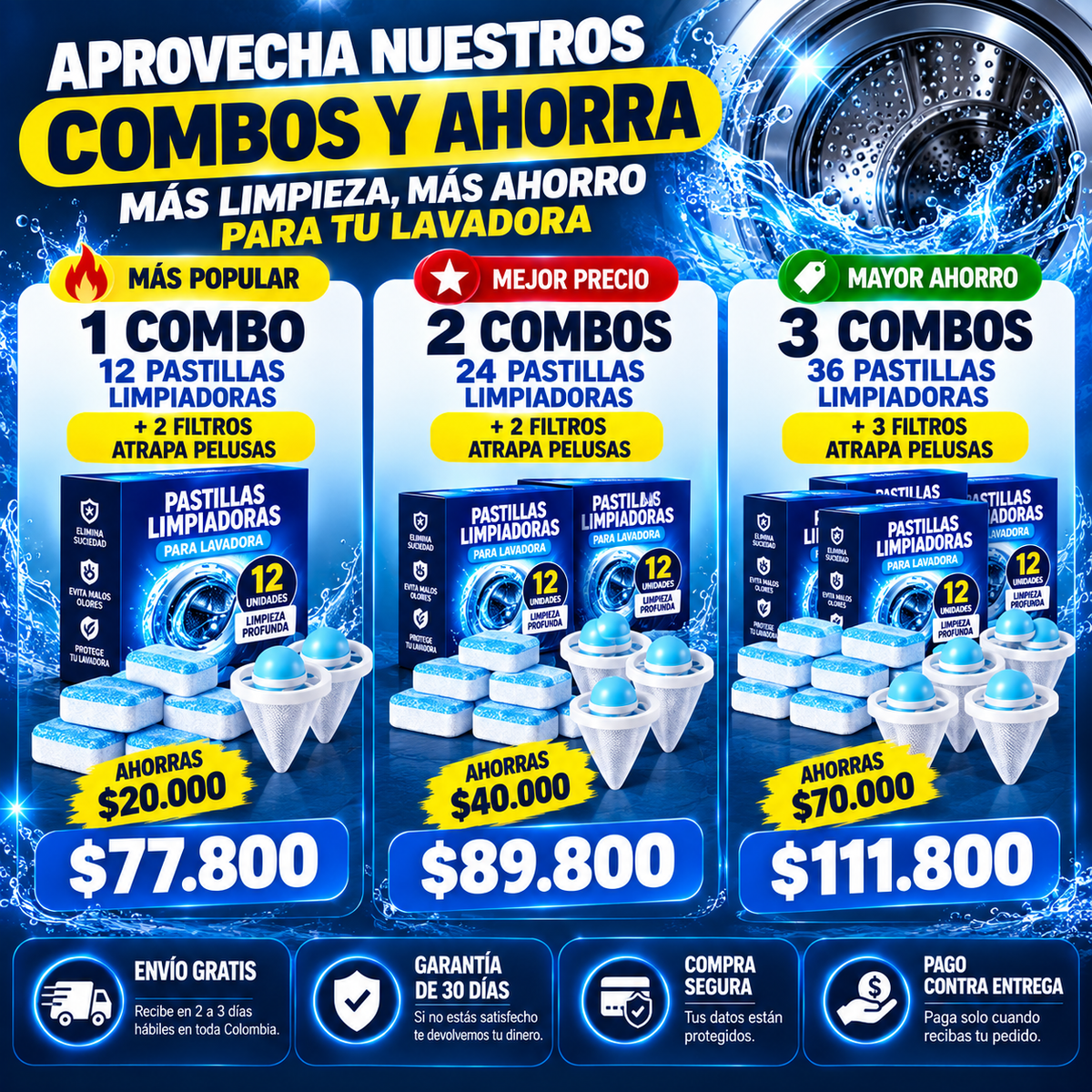 🔥 SUPERCOMBO™ | Caja x 12 Pastillas Limpiadoras + 2 Filtros Atrapa Pelusas 🧼