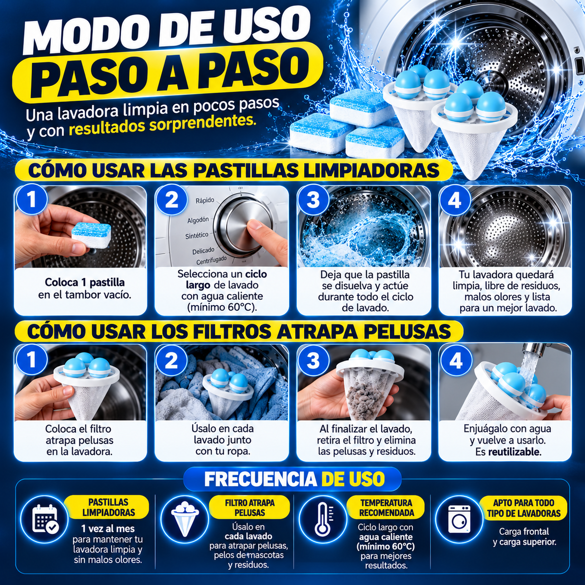 🔥 SUPERCOMBO™ | Caja x 12 Pastillas Limpiadoras + 2 Filtros Atrapa Pelusas 🧼